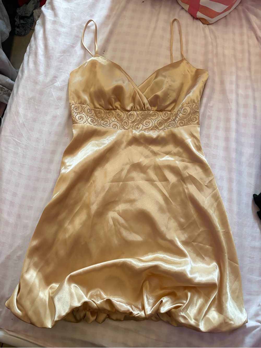 ECI Gold Satin Spaghetti-Strap Slip Dress with Embroidered Waist